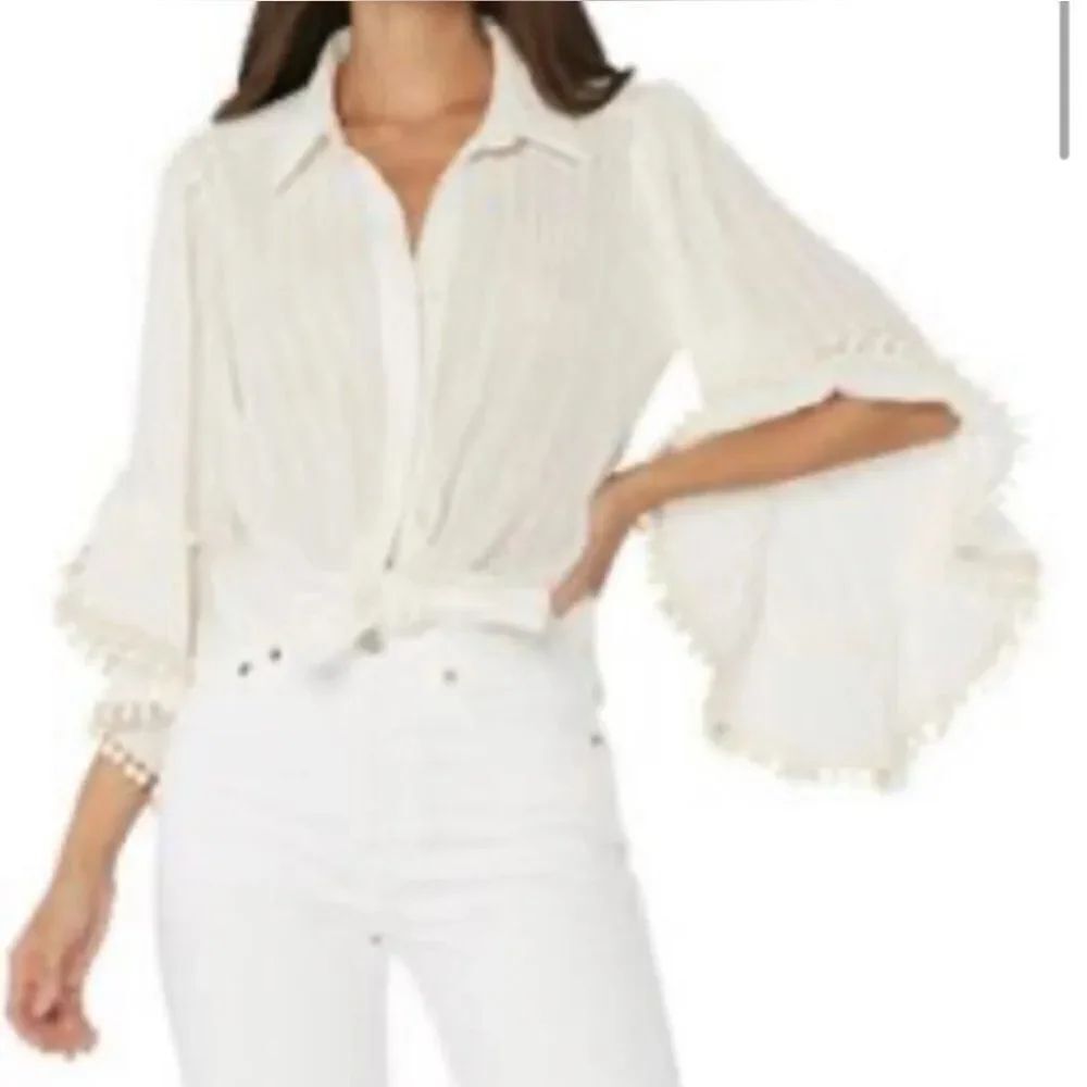 MISA Ivory/gold button down shirt with Pom Pom Trim